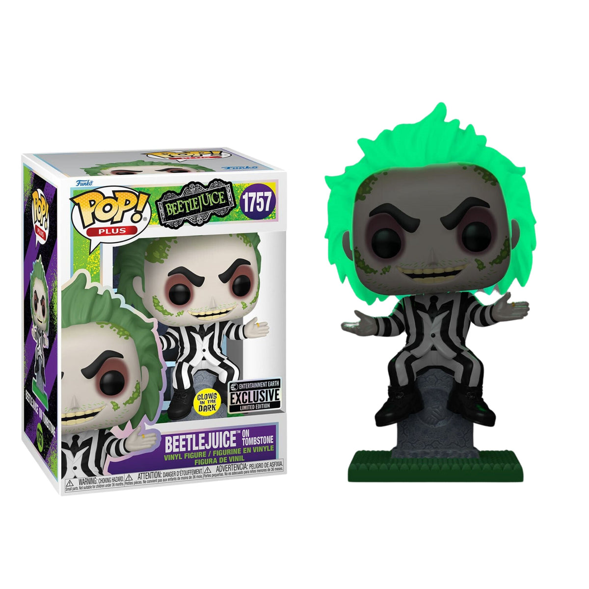 Beetlejuice on Tombstone Funko Pop! Plus - Approx. 4 1/2" Glows In The Dark Entertainment Earth Exclusive Collectible Vinyl Figure #1757 with Display Box Protector Case