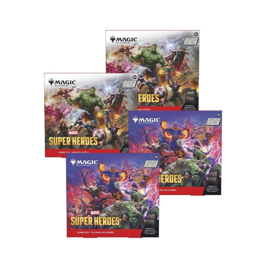 MTG Marvel Super Heroes Scene Box 4ct - Magic: The Gathering Collectible Cards with Foil Scene Cards, Art Cards, Play Boosters & Display Easel