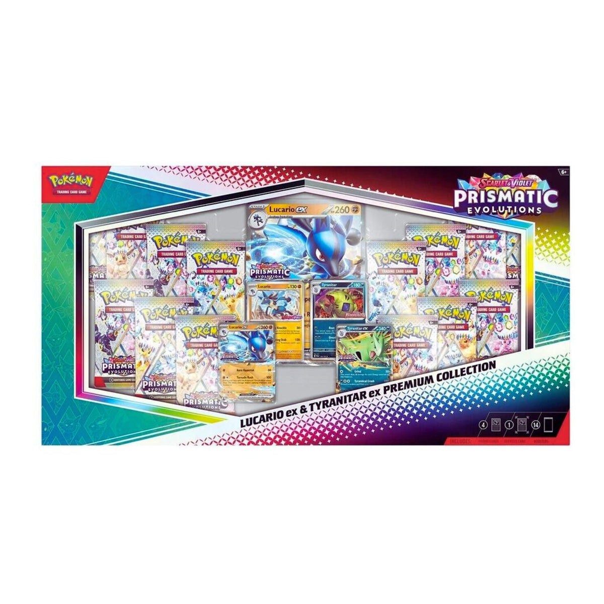 Pokémon TCG Scarlet & Violet Prismatic Evolutions Lucario ex & Tyranitar ex Premium Collection Box – Booster Packs & Promo Cards