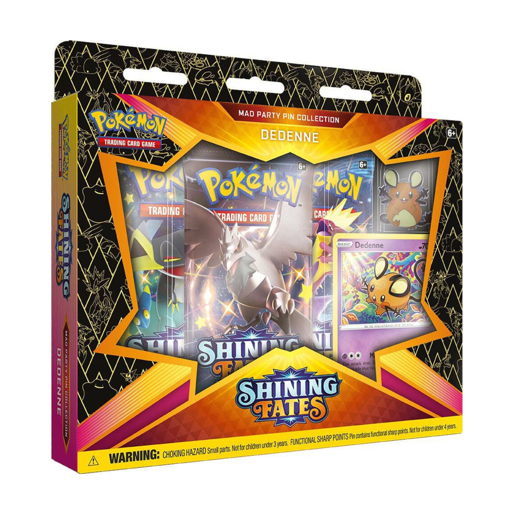 Pokemon TCG Shining Fates Mad Party Pin Collection Dedenne Cards Packs Collectible Set