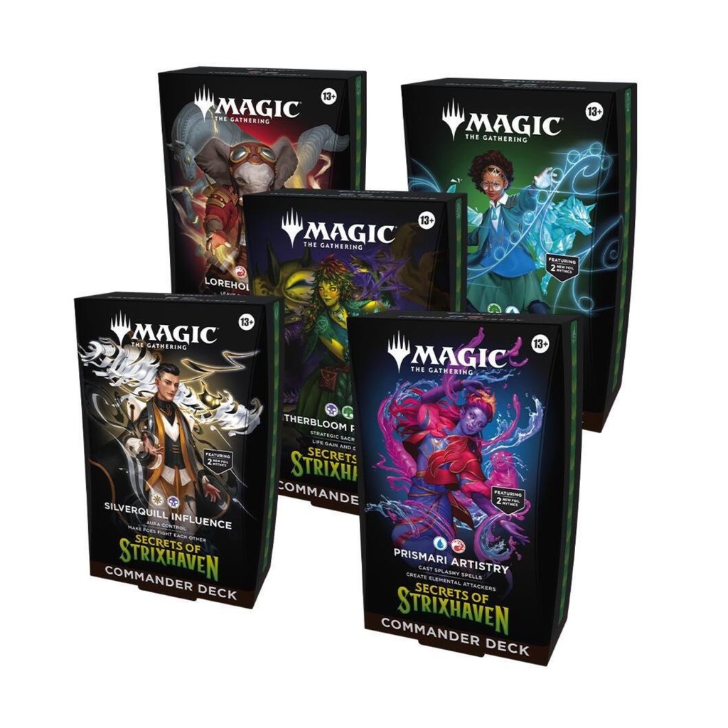 Magic: The Gathering Secrets of Strixhaven Commander Deck Case (SOC) – 5 Ready-to-Play 100-Card Decks, New Commander Cards, Foils & Accessories