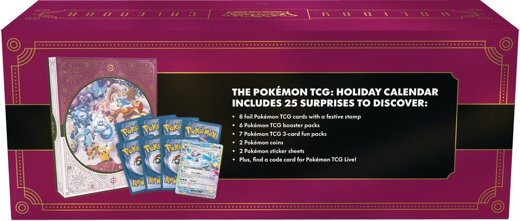 Pokémon TCG: Holiday Calendar 2025 – 25 Days of Surprises with 8 Festive Foil Cards, 6 Booster Packs, 7 Fun Packs, 2 Coins, 2 Sticker Sheets & Code Card – Seasonal Gift for Kids & Collectors