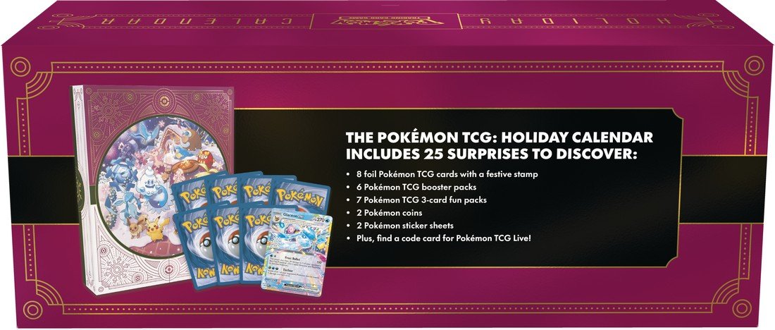 Pokémon TCG: Holiday Calendar 2025 – 25 Days of Surprises with 8 Festive Foil Cards, 6 Booster Packs, 7 Fun Packs, 2 Coins, 2 Sticker Sheets & Code Card – Seasonal Gift for Kids & Collectors