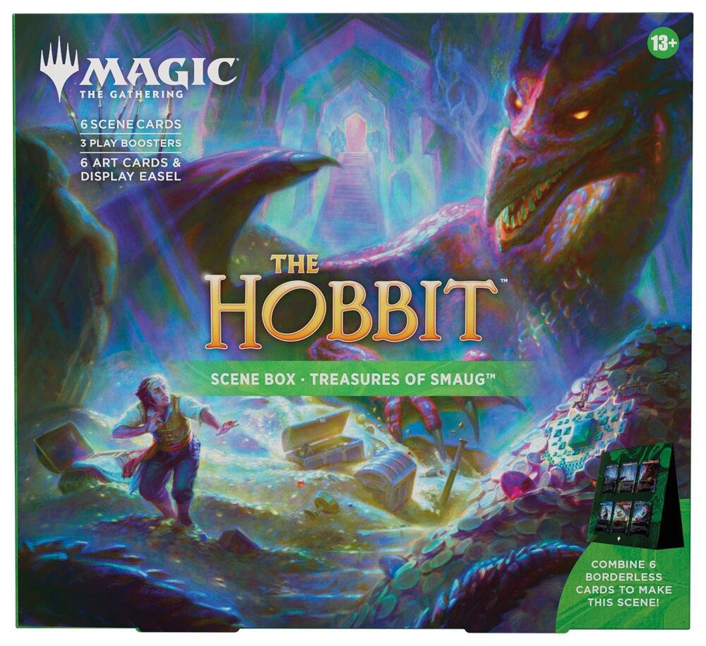 Magic: The Gathering The Hobbit Treasures of Smaug Scene Box (HOB) | 3 Play Boosters, 6 Foil Borderless Scene Cards, 6 Art Cards & Display Easel | Middle-earth Collectible Card Set
