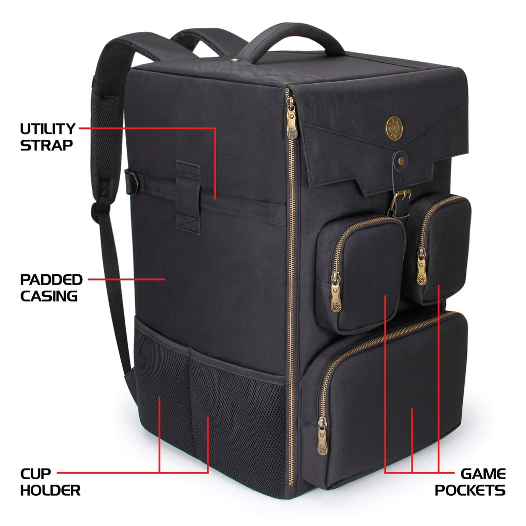 ENHANCE Board Game Backpack - Reinforced Rigid Board Game Storage with Padded Shoulder Straps, Carrying Handle, and Accessories Pockets for Dice, Cards, More - Fits and Protects Tabletop Adventures