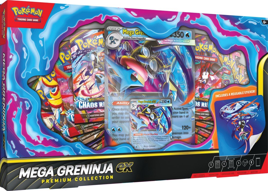 Pokémon TCG: Mega Greninja ex Premium Collection – Foil Promo Card, Oversize Display Card, Tech Sticker & 8 Booster Packs | Trading Card Game Collectible Set